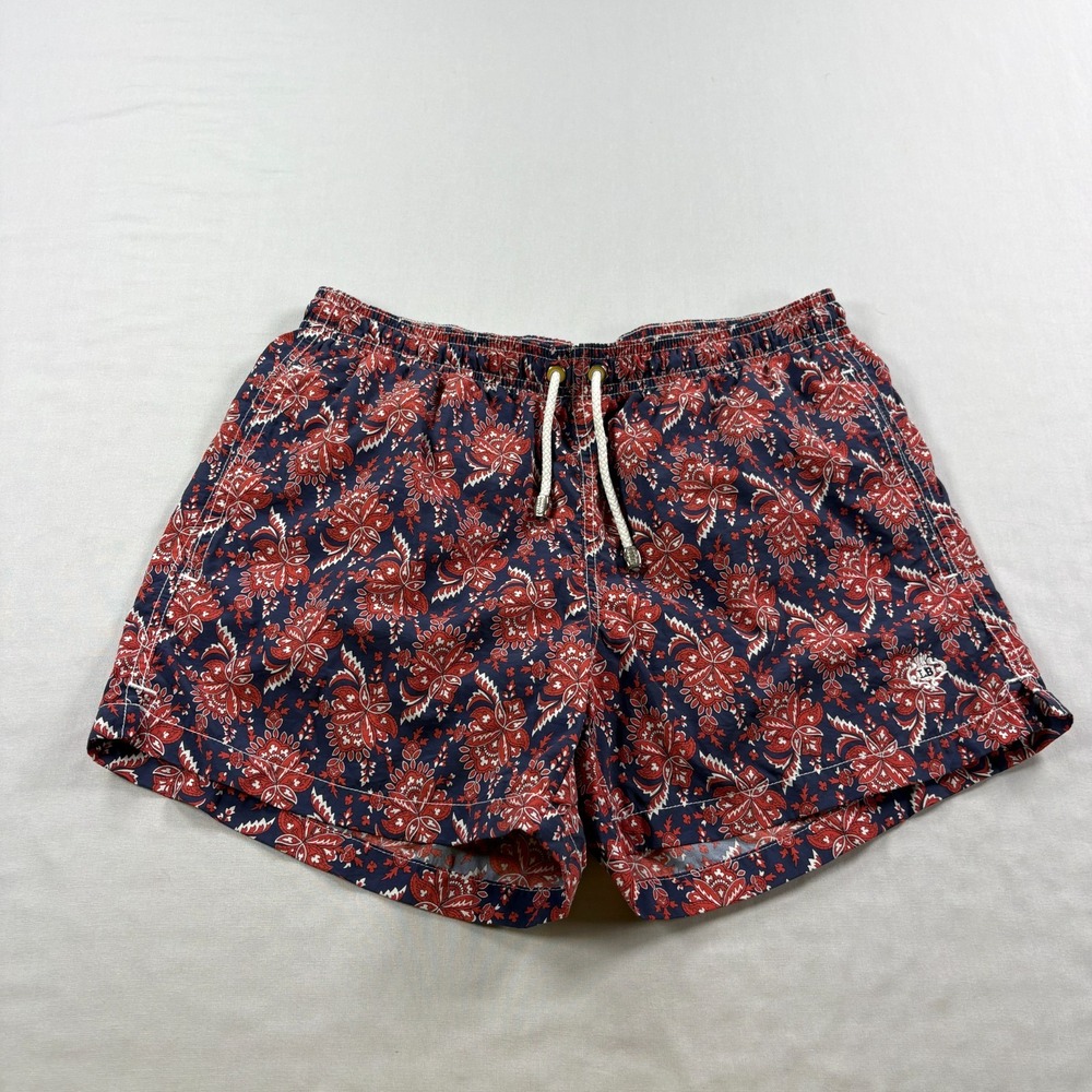 Luigi Borrelli Swim Shorts Mens Medium Red Blue Floral Lined Bathing Suit Italy